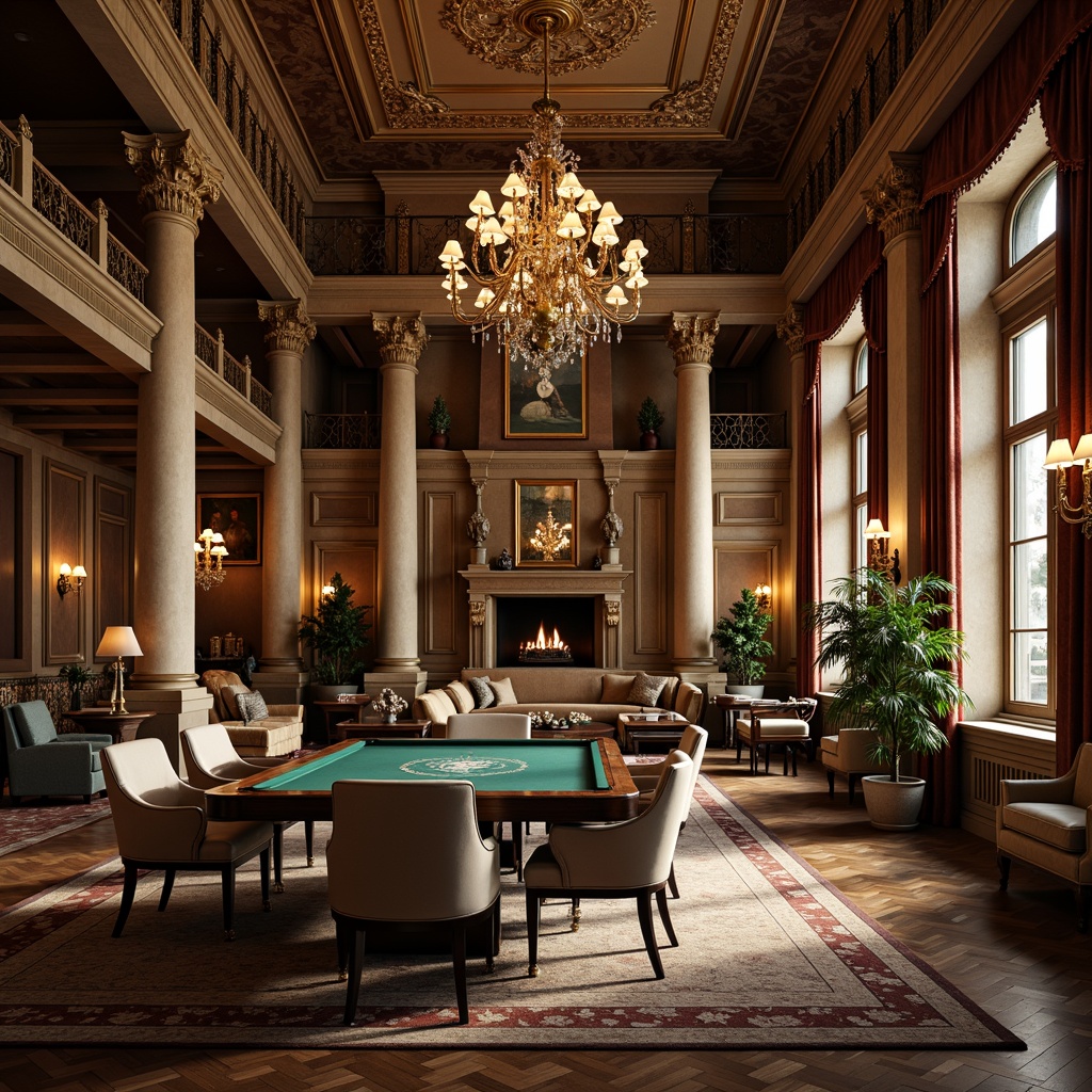 Prompt: Elegant game room, ornate furnishings, neoclassical architecture, high ceilings, marble floors, grand chandeliers, luxurious fabrics, rich wood tones, intricate carvings, gilded accents, symmetrical layout, harmonious proportions, comfortable seating areas, majestic fireplaces, refined lighting fixtures, subtle color palette, warm ambient glow, soft focus photography, shallow depth of field, 2/3 composition, cinematic atmosphere.