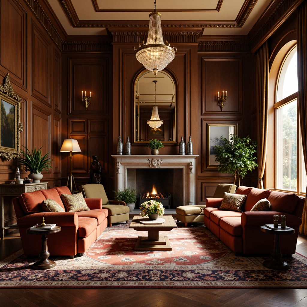 Prompt: Elegant living room, rich wood tones, ornate carvings, velvet upholstery, classic rolled armchairs, tufted sofas, intricately patterned rugs, antique vases, ornamental mirrors, crystal chandeliers, warm golden lighting, soft focus, shallow depth of field, 1/1 composition, realistic textures, ambient occlusion.