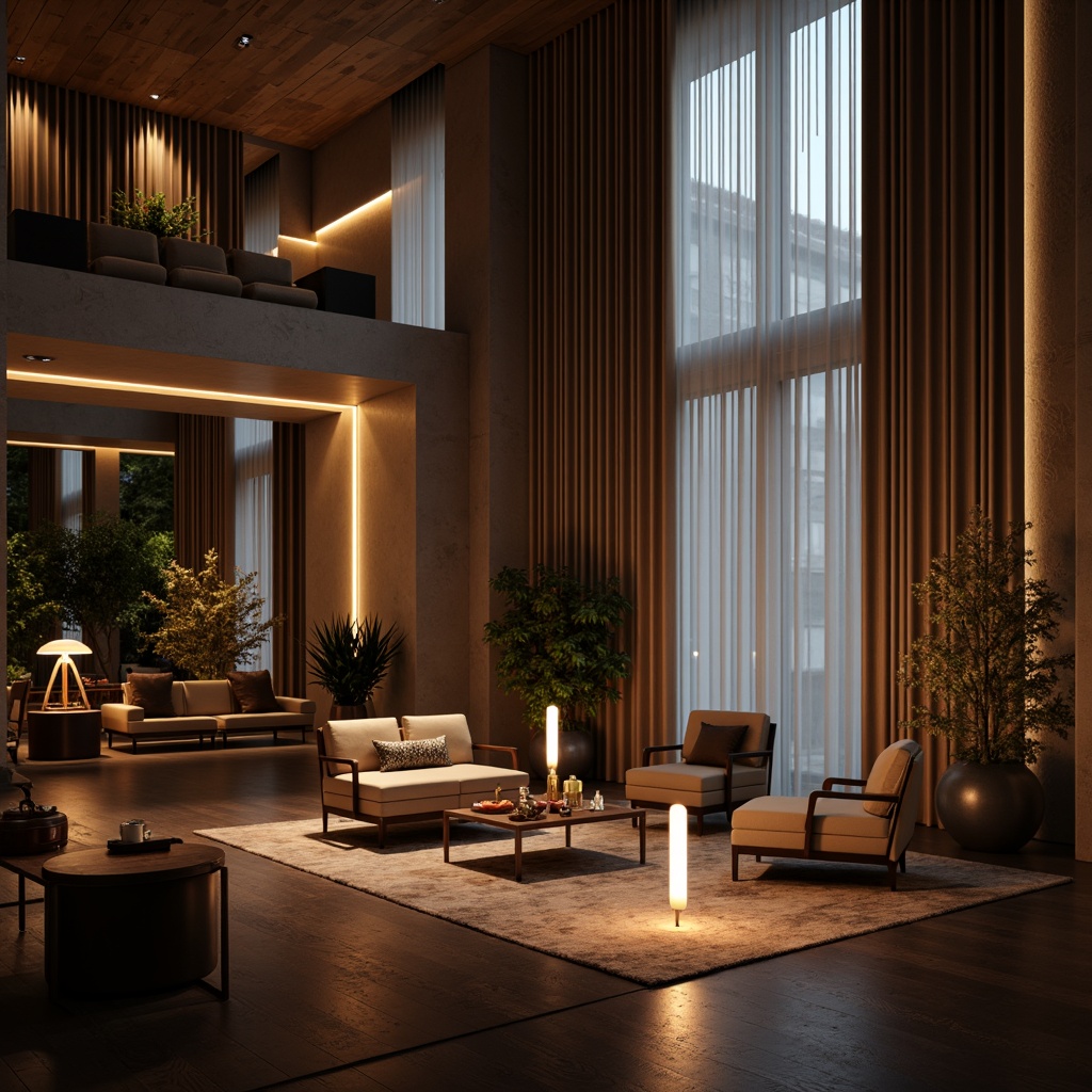 Prompt: Contemporary interior, sleek lines, minimalist decor, warm ambient lighting, soft glow, table lamps, floor lamps, pendant lights, LED strips, natural daylight, large windows, sheer curtains, reflective surfaces, metallic accents, luxurious textures, sophisticated color palette, dramatic shadows, high contrast ratios, 1/2 composition, atmospheric mood, cozy atmosphere, relaxing ambiance, soft focus, shallow depth of field.