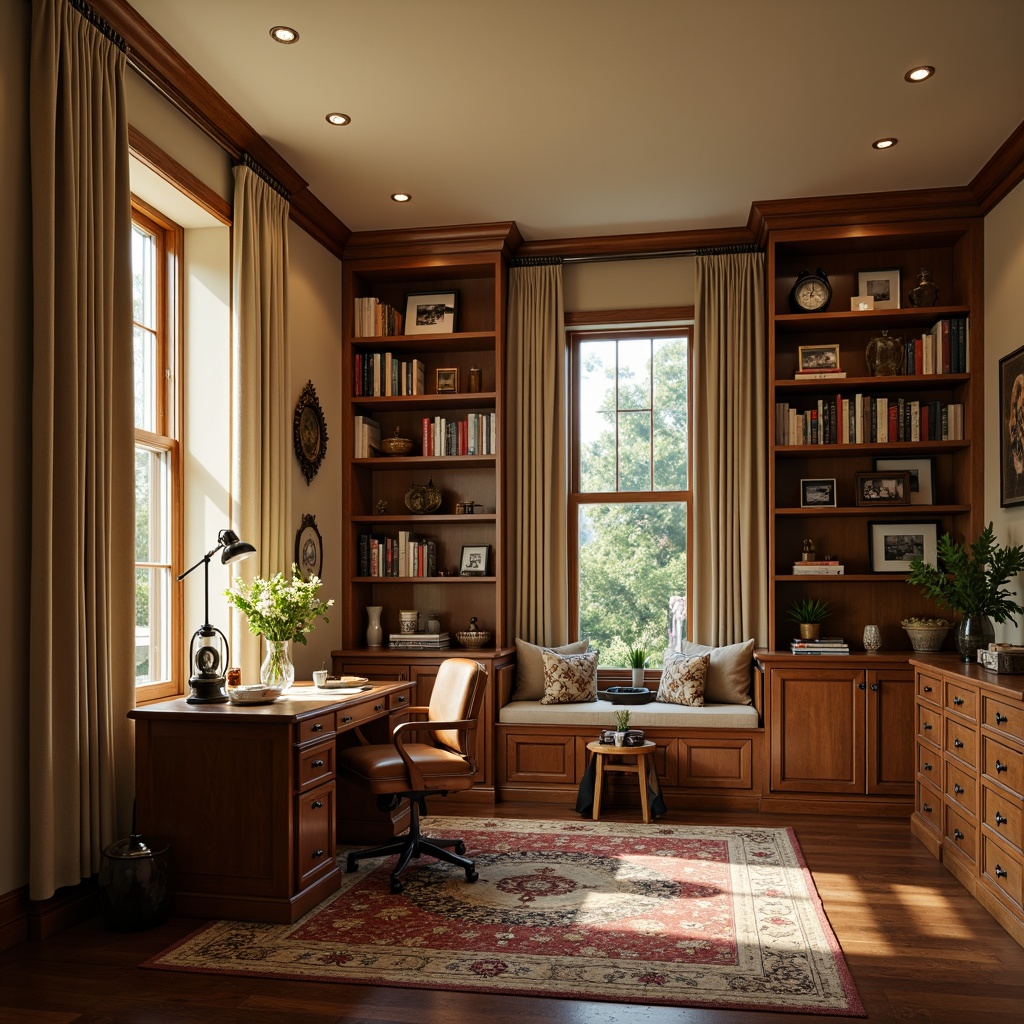 Prompt: Cozy home office, traditional wooden desk, leather executive chair, warm beige walls, rich wood flooring, comfortable reading nook, floor-to-ceiling bookshelves, vintage metal lamp, softbox lighting, ornate picture frames, family photos, classic clock, elegant curtains, plush area rug, organized storage cabinets, natural wood accents, calm atmosphere, shallow depth of field, 1/1 composition, warm color palette, realistic textures.