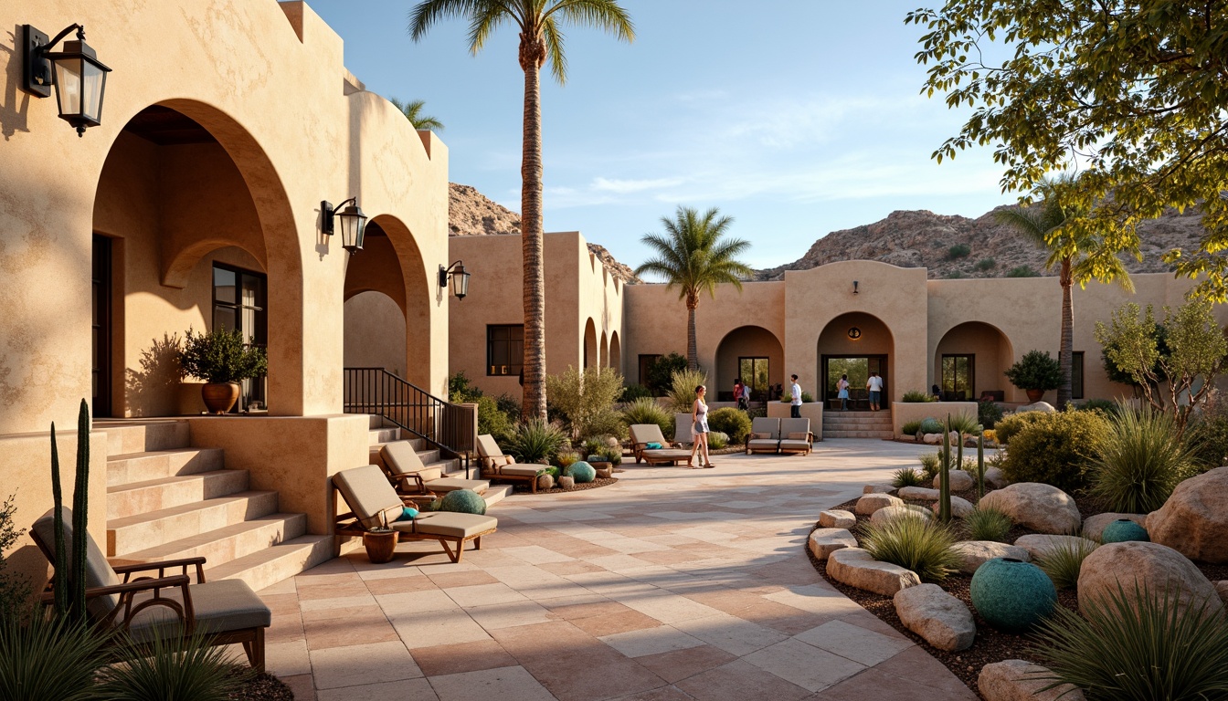 Prompt: Adobe earth tones, warm beige stucco walls, curved Spanish colonial arches, ornate metalwork details, vibrant turquoise accents, intricate mosaic patterns, rustic wooden benches, desert flora, cacti plants, sandy terrain, clear blue sky, dramatic rock formations, natural stone walkways, meandering paths, tiered seating areas, grand staircase entrances, elegant lanterns, warm golden lighting, soft focus photography, shallow depth of field, 3/4 composition, panoramic view.