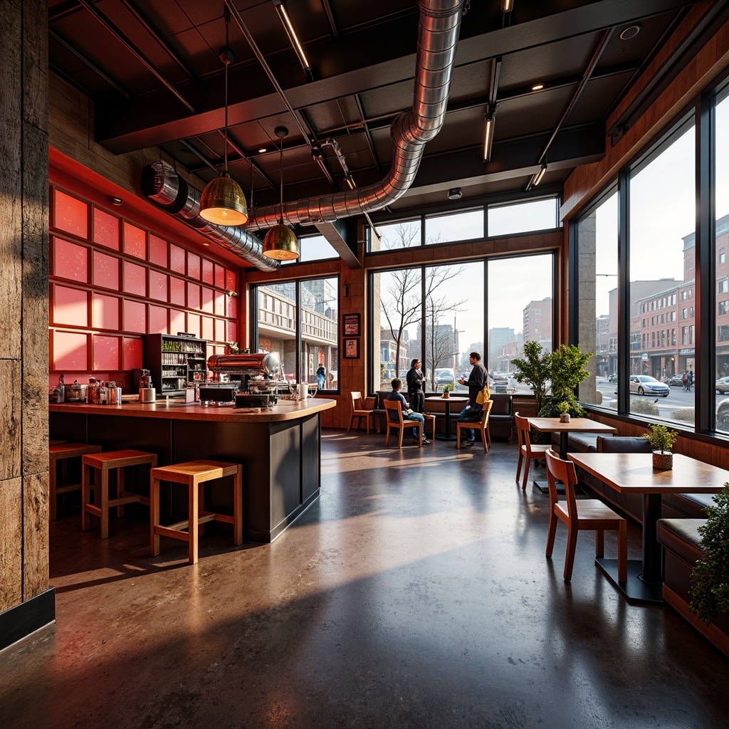 Prompt: Vibrant coffee shop interior, neon-lit futuristic ambiance, metallic accents, sleek glass tables, minimalist chairs, bold geometric patterns, rich wood tones, industrial-style lighting, exposed ductwork, concrete floors, urban cityscape views, bustling streets, morning sunlight, warm golden lighting, shallow depth of field, 1/1 composition, cinematic color grading, realistic reflections, ambient occlusion.