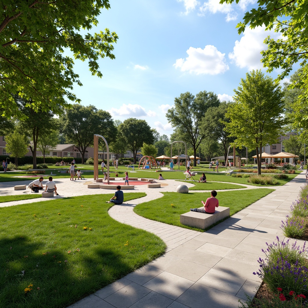 Prompt: Vibrant community park, lush green lawns, winding pedestrian paths, modern street furniture, interactive public art, dynamic water features, playful splash pads, shaded seating areas, natural stone benches, colorful flowering plants, warm sunny day, soft diffused lighting, 3/4 composition, panoramic view, realistic textures, ambient occlusion.