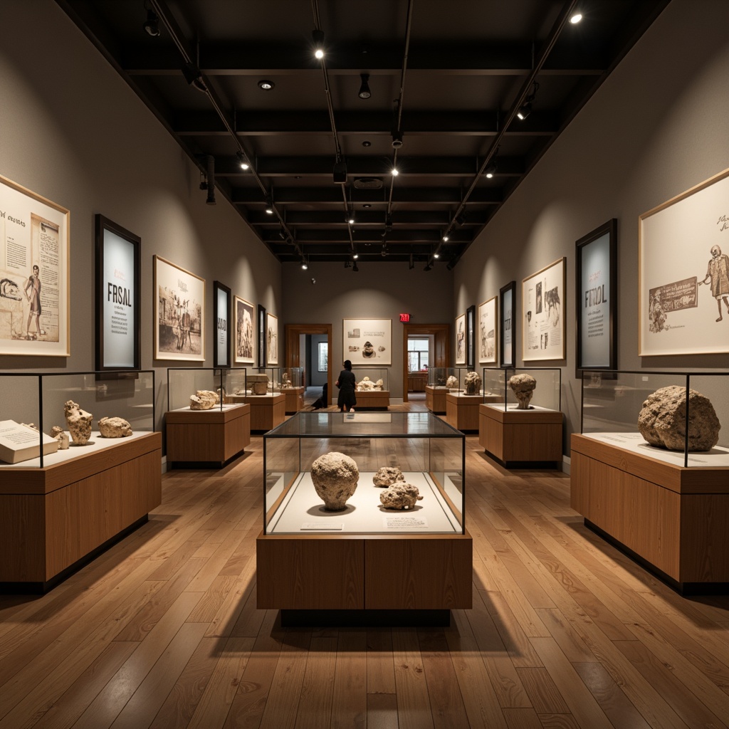 Prompt: Elegant museum exhibition hall, polished wooden flooring, tall ceilings, track lighting, minimalistic display cases, glass shelves, artifacts from ancient civilizations, historical relics, fossil exhibits, interactive multimedia displays, ambient soft lighting, shallow depth of field, 1/1 composition, realistic textures, subtle color grading.