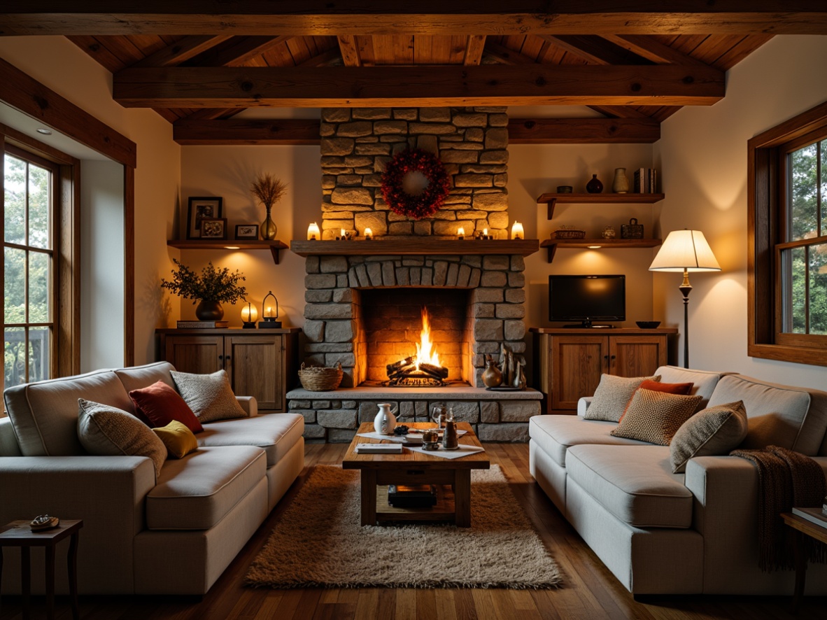 Prompt: Rustic living room, stone fireplace, crackling flames, warm golden lighting, plush sofas, soft velvet pillows, wooden coffee tables, woven baskets, earthy tone walls, vintage decorations, candlelit ambiance, aromatic essential oils, comfortable throw blankets, autumnal color scheme, natural wood flooring, inviting seating areas, relaxed mood, shallow depth of field, 1/1 composition, warm color palette.