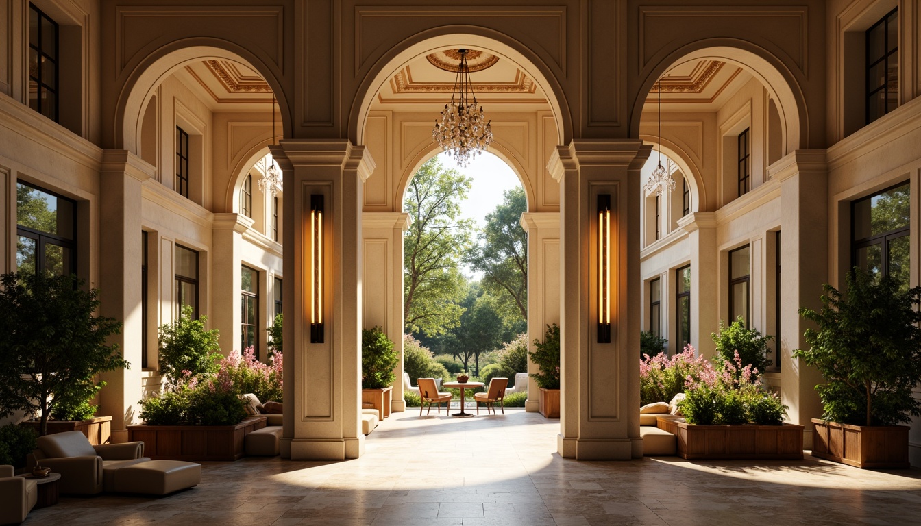 Prompt: Grand entrance, elegant archways, ornate doorways, sophisticated lighting fixtures, warm golden illumination, soft ambient glow, LED strip lights, modern pendant lamps, crystal chandeliers, luxurious materials, marble flooring, wooden accents, vibrant greenery, blooming flowers, sunny day, high ceilings, large windows, glass doors, 3/4 composition, realistic textures, shallow depth of field.