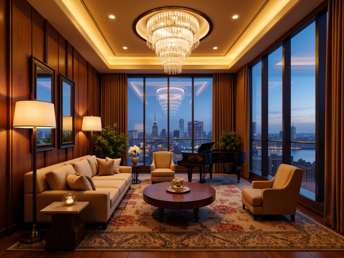 Prompt: Luxurious living room, crystal chandelier, warm golden lighting, velvet drapes, rich wood paneling, comfortable sofas, lavish carpets, ornate mirrors, grand piano, soft background music, intimate seating area, floor-to-ceiling windows, stunning city views, elegant curtain rods, subtle dimming system, layered lighting scheme, ambient glow, sophisticated decor.