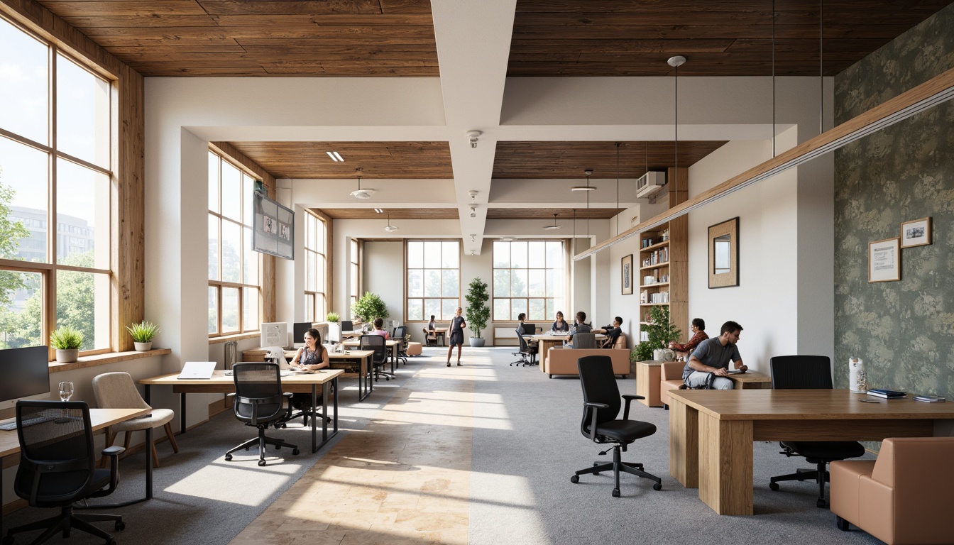 Prompt: Open-plan office space, minimal partitions, curved lines, natural light, airy atmosphere, flexible workstations, movable furniture, collaborative zones, acoustic panels, sound-absorbing materials, visual connectivity, efficient circulation paths, clear sightlines, optimized traffic flow, 3/4 composition, shallow depth of field, soft warm lighting, realistic textures, ambient occlusion.