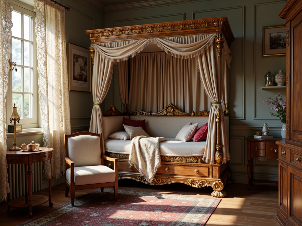 Prompt: Renaissance-style nursery, intricately carved wooden crib, ornate golden hardware, plush velvet upholstery, rich walnut wood tones, elegant lace drapery, soft pastel colors, antique-inspired furniture pieces, distressed finishes, vintage toys, classic children's books, warm candlelight, subtle morning sunlight, shallow depth of field, 1/1 composition, realistic textures, ambient occlusion.