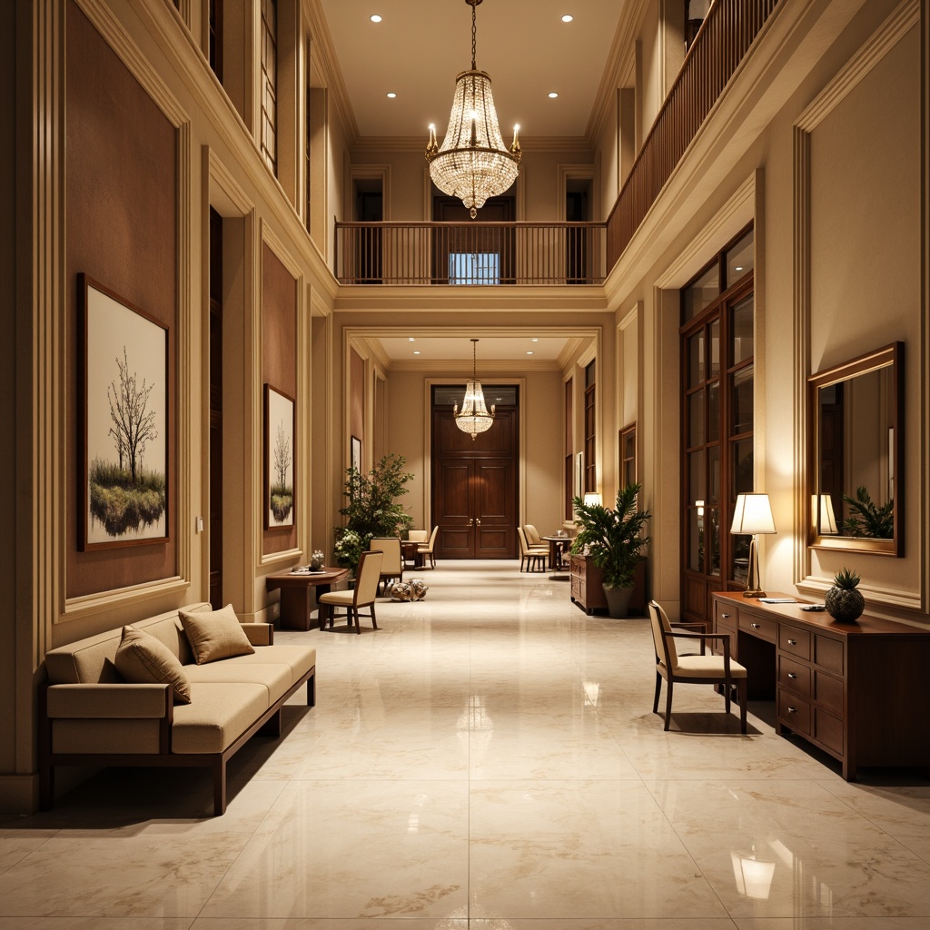 Prompt: Warm beige walls, rich wood accents, comfortable seating areas, elegant chandeliers, soft warm lighting, subtle shadows, classic furniture pieces, traditional architectural details, ornate moldings, creamy white marble floors, sophisticated conference rooms, professional workstations, natural textures, earthy tones, harmonious color palette, balanced composition, 1/1 framing, atmospheric glow.