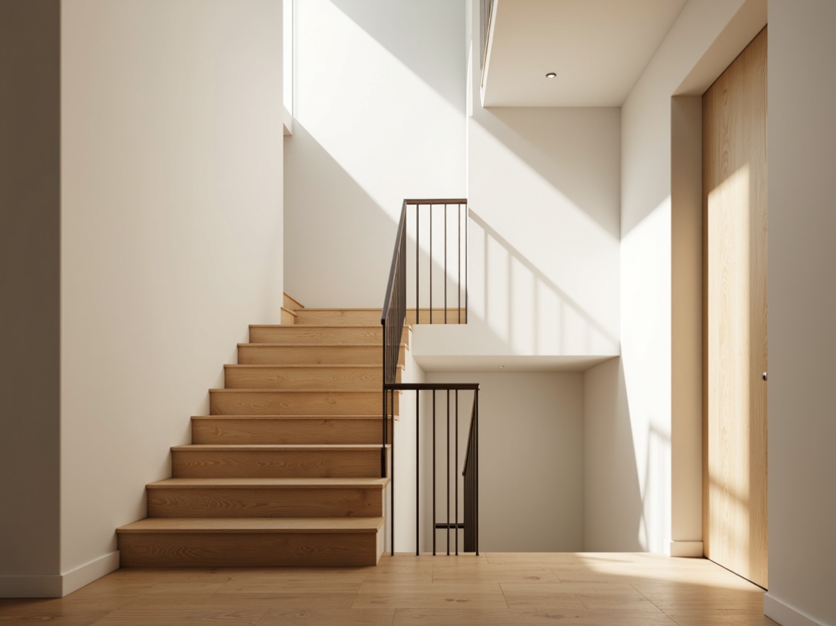 Prompt: Scandinavian staircase, light-filled atrium, sleek metal railing, wooden treads, minimalist design, pale wood tone, natural oak flooring, matte finish, subtle texture, warm ambient lighting, shallow depth of field, 3/4 composition, Nordic-inspired aesthetic, cozy atmosphere, soft warm glow, organic shapes, free-flowing curves.