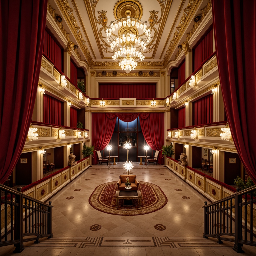 Prompt: Luxurious opera house, grandiose chandeliers, opulent red curtains, golden ornate details, marble floors, polished wooden flooring, soft plush carpets, intricate mosaic patterns, high ceilings, dramatic staircases, regal balconies, majestic columns, warm ambient lighting, 3/4 composition, shallow depth of field, realistic textures, ambient occlusion.