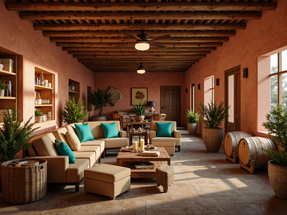 Prompt: Earthy winery interior, warm terracotta walls, rustic wooden beams, natural stone flooring, vibrant turquoise accents, sandy beige furniture, woven wicker baskets, distressed leather upholstery, vintage wine barrels, rich wood tones, warm candle lighting, soft warm glow, shallow depth of field, 1/1 composition, realistic textures, ambient occlusion.