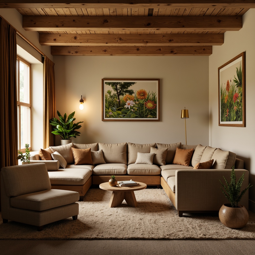 Prompt: Cozy living room, earthy tones, warm beige walls, rich wood furniture, plush carpeting, soft golden lighting, comfortable seating, nature-inspired accents, botanical prints, calming atmosphere, relaxing ambiance, 1/1 composition, shallow depth of field, realistic textures.