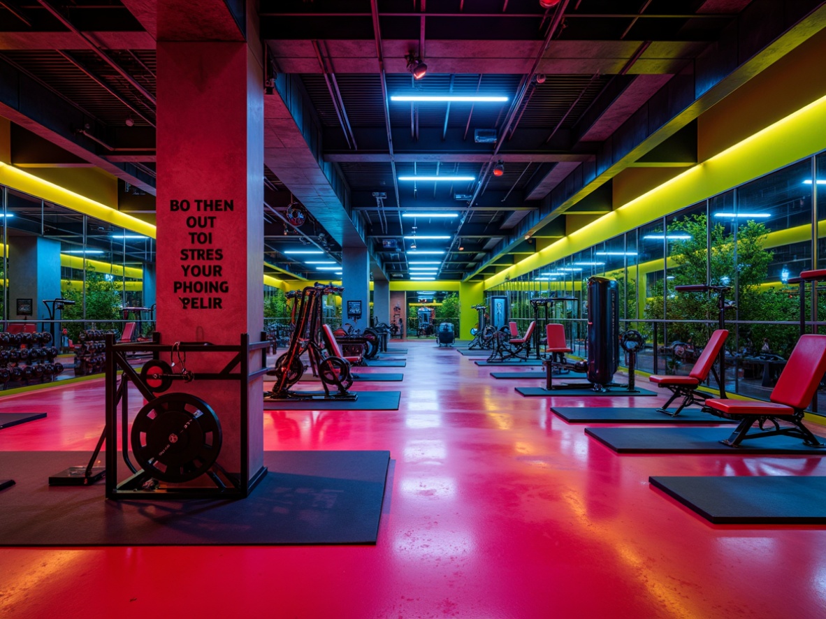 Prompt: Vibrant home gym, bold athletic equipment, neon green accents, industrial metal beams, polished concrete floors, motivational quotes, modern LED lighting, dynamic color scheme, intense red tones, deep blue hues, energetic yellow shades, sleek minimalist decor, futuristic exercise machines, mirrored walls, high-contrast color blocking, dramatic shadowing, 1/1 composition, sharp focus, high-saturation colors.