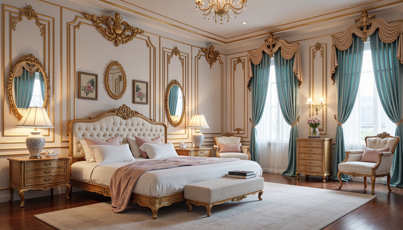 Prompt: Luxurious bedroom, ornate furniture, soft golden lighting, rich velvet drapes, delicate porcelain vases, intricately carved wooden paneling, pastel pink and blue hues, creamy whites, lavish textiles, French-inspired accents, feminine details, curved lines, ornamental mirrors, crystal chandeliers, lavish bedding, tufted upholstery, subtle sheen finishes.