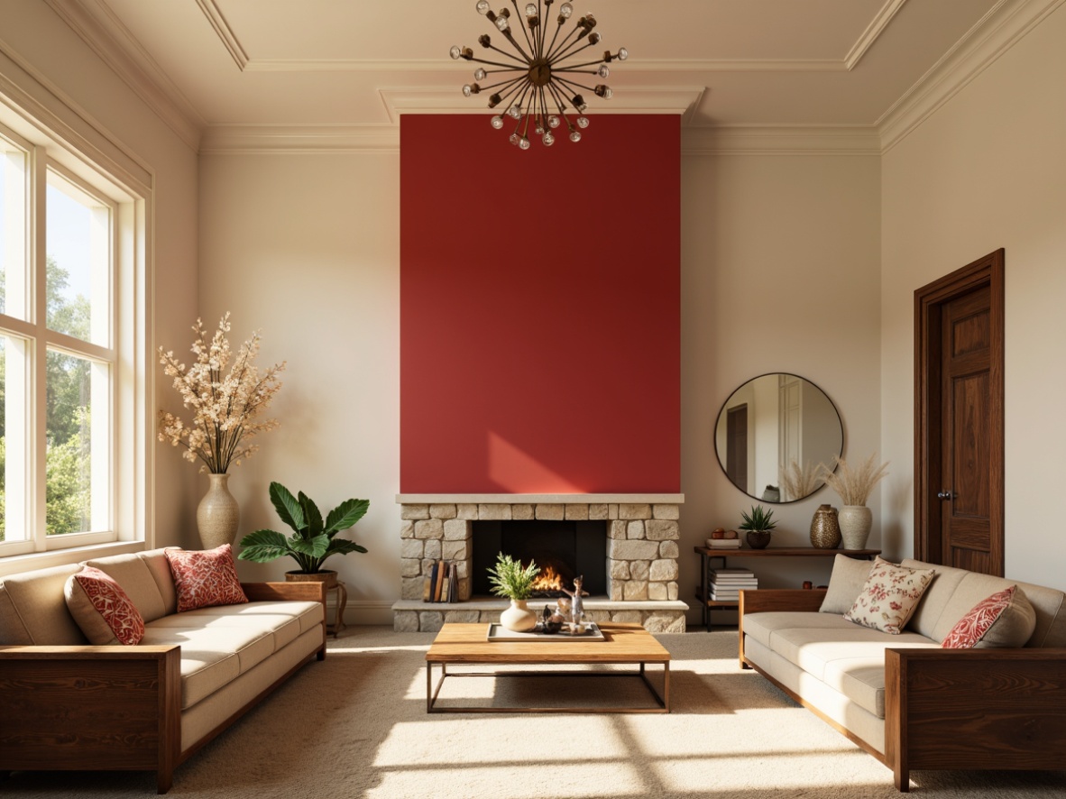 Prompt: Vibrant living room, soft cream walls, rich walnut furniture, plush beige carpet, warm golden lighting, comfortable seating areas, decorative accent pillows, modern minimalist decor, bold red statement wall, natural stone fireplace, elegant chandelier, cozy reading nook, calming atmosphere, 1/1 composition, softbox lighting, realistic textures.