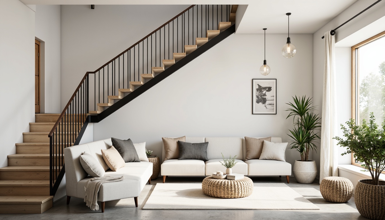 Prompt: Light-filled Scandinavian staircase, minimalist metal railing, wooden steps, pale wood tones, natural light pouring in, airy atmosphere, comfortable seating area, plush throw pillows, woven baskets, greenery plants, industrial-chic pendant lights, concrete floors, monochromatic color scheme, geometric patterns, abstract artwork, cozy reading nook, warm textiles, soft pastel hues, 1/1 composition, low-key lighting, subtle shadows.