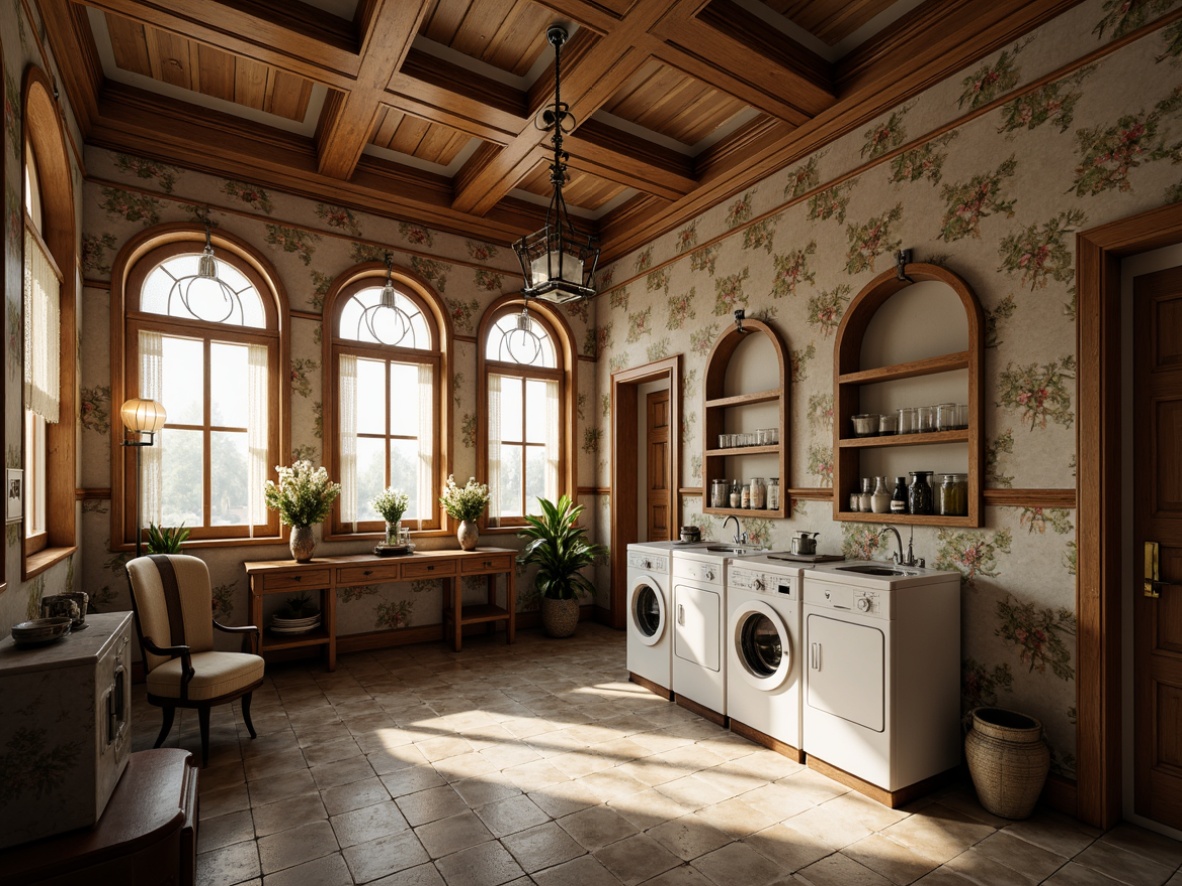 Prompt: Intricate wooden moldings, ornate floral patterns, soft creamy whites, rich dark woods, vintage laundry equipment, distressed metal accents, rustic stone walls, arched windows, lace curtains, delicate ceramic tiles, elegant chandeliers, warm golden lighting, shallow depth of field, 1/1 composition, realistic textures, ambient occlusion.