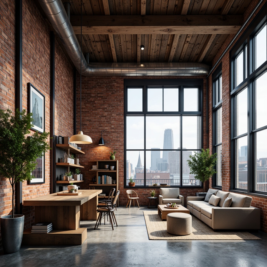 Prompt: Exposed brick walls, industrial metal beams, reclaimed wood accents, distressed concrete floors, modern minimalist furniture, urban cityscape views, neutral color palette, functional lighting fixtures, metallic finishes, edgy architectural lines, open-plan living spaces, eclectic decorative elements, converted warehouse atmosphere, rustic-chic aesthetic, dramatic high ceilings, moody ambient lighting, shallow depth of field, 1/1 composition, realistic textures, ambient occlusion.