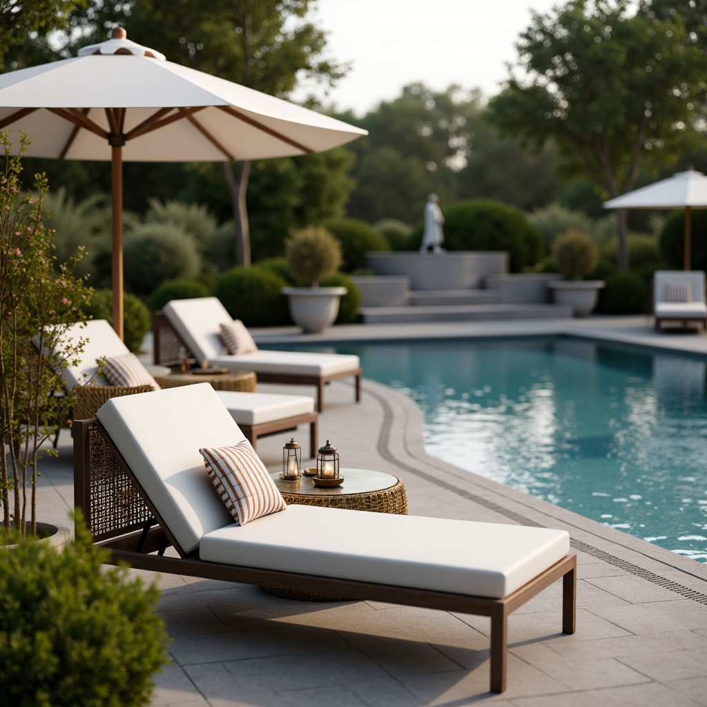 Prompt: Elegant poolside lounge chairs, ornate bronze umbrella tables, vintage-inspired wrought iron benches, refined stone pedestals, classic lanterns, sophisticated water features, serene natural surroundings, lush greenery, blooming flowers, tranquil atmosphere, soft warm lighting, shallow depth of field, 3/4 composition, realistic textures, ambient occlusion.