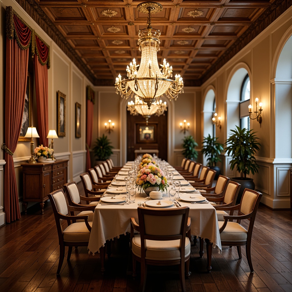 Prompt: Elegant traditional dining room, ornate chandeliers, rich wood furniture, intricate carvings, luxurious fabrics, velvet drapes, golden accents, crystal glassware, fine china, lavish centerpieces, stately columns, grand archways, warm beige walls, dark hardwood floors, soft diffused lighting, shallow depth of field, 1/1 composition, realistic textures, ambient occlusion.