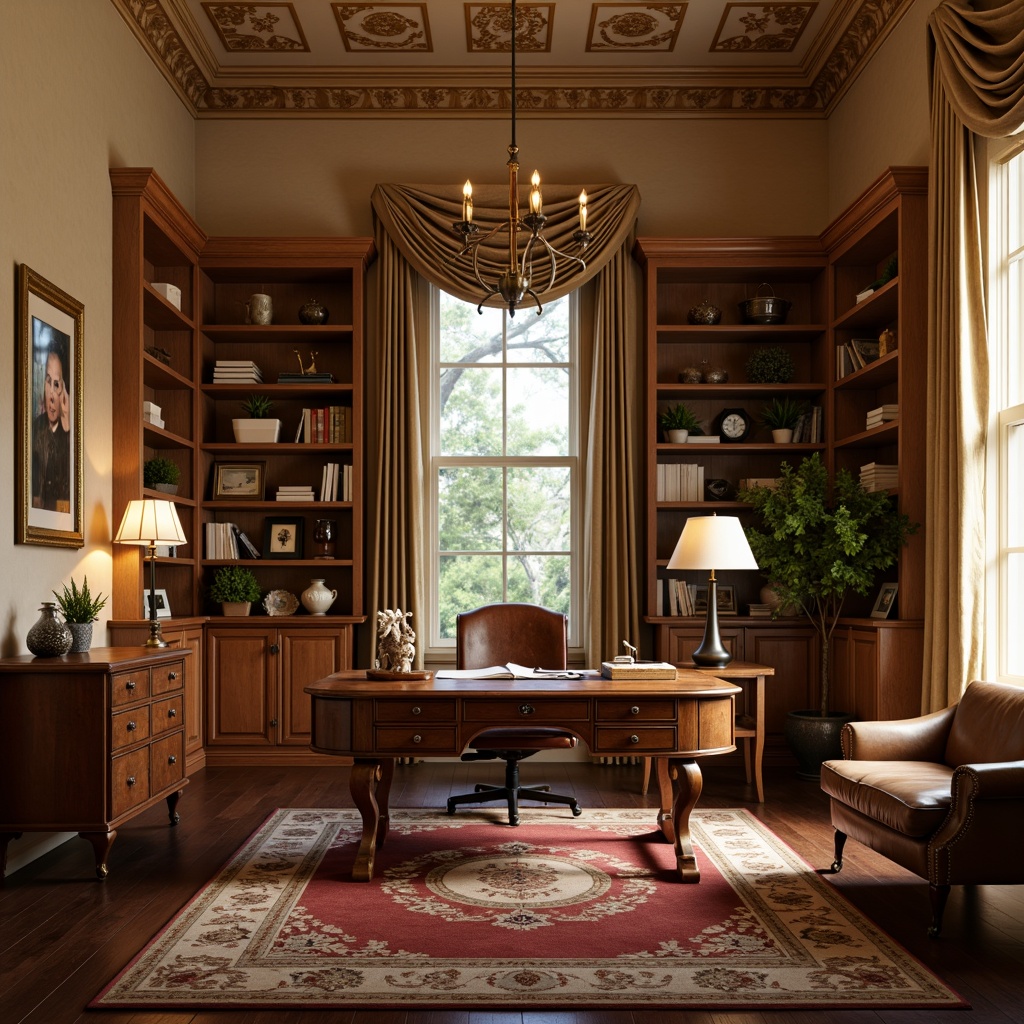 Prompt: Cozy home office, traditional wooden desk, comfortable leather chair, warm beige walls, rich brown flooring, elegant crown molding, ornate bookshelves, vintage decorative items, soft box lighting, warm task lighting, 1/1 composition, intimate atmosphere, realistic wood textures, subtle ambient occlusion.