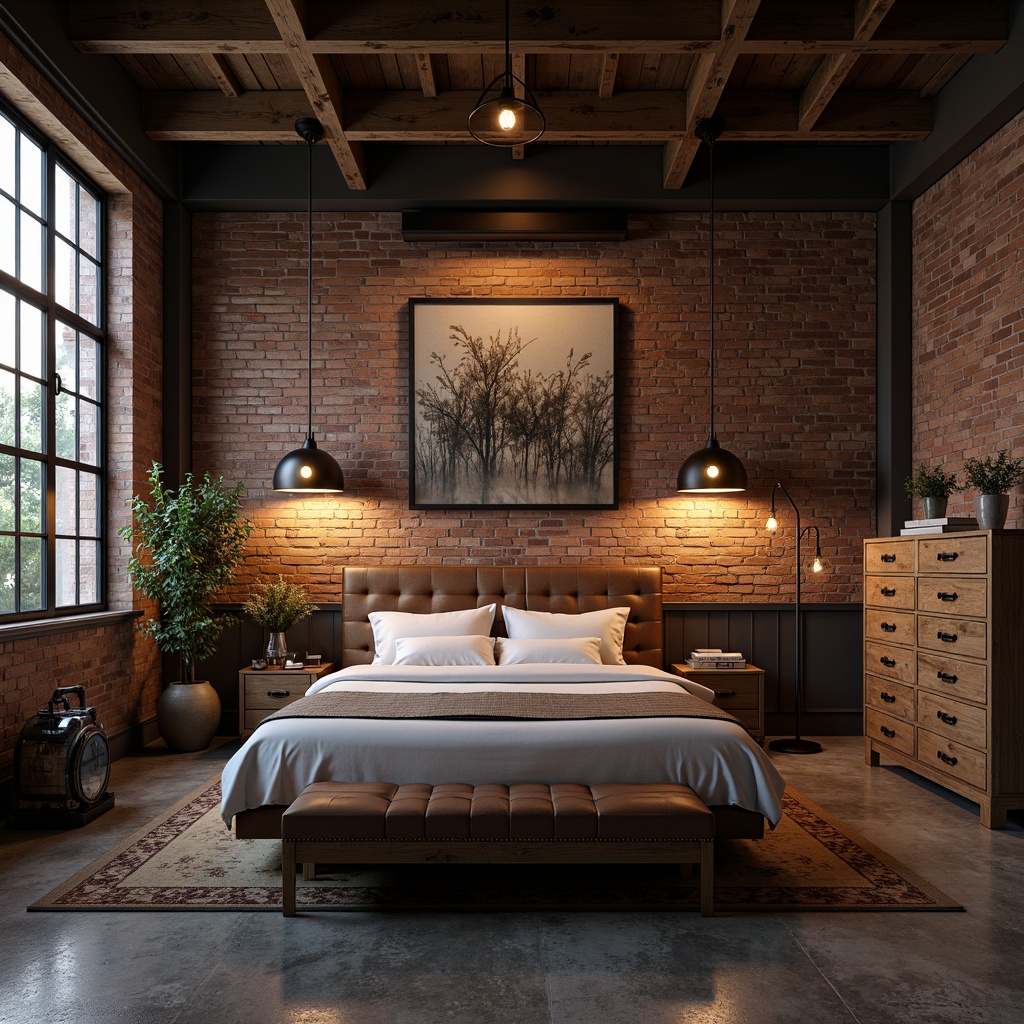 Prompt: Industrial bedroom ambiance, exposed brick walls, metal beams, reclaimed wood furniture, Edison bulb pendant lights, dimmable overhead lighting, floor lamps with industrial shades, warm yellow glow, soft ambient illumination, minimalist decor, urban loft atmosphere, raw concrete floors, distressed leather upholstery, vintage machinery parts, functional decorative elements, moody shadows, dramatic high ceilings, atmospheric color palette.