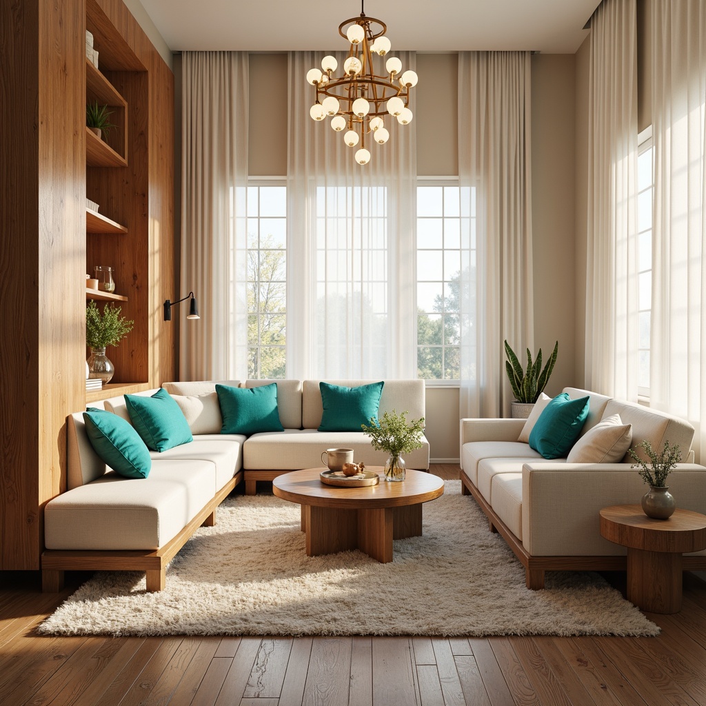 Prompt: Cozy living room, warm beige walls, rich wood accents, plush carpeting, comfortable sofas, vibrant turquoise throw pillows, natural light pouring in, sheer white curtains, elegant chandeliers, modern minimalist decor, soft creamy whites, earthy tones, subtle textures, warm golden lighting, intimate atmosphere, 3/4 composition, realistic rendering.