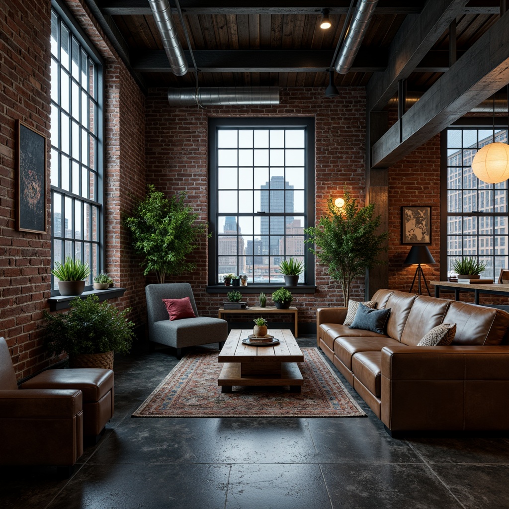 Prompt: Exposed brick walls, industrial metal beams, reclaimed wood accents, distressed leather furniture, urban cityscape views, moody gray tones, rich brown hues, deep blue shades, metallic silver highlights, warm golden lighting, dramatic shadows, shallow depth of field, 2/3 composition, cinematic atmosphere, realistic textures, ambient occlusion.