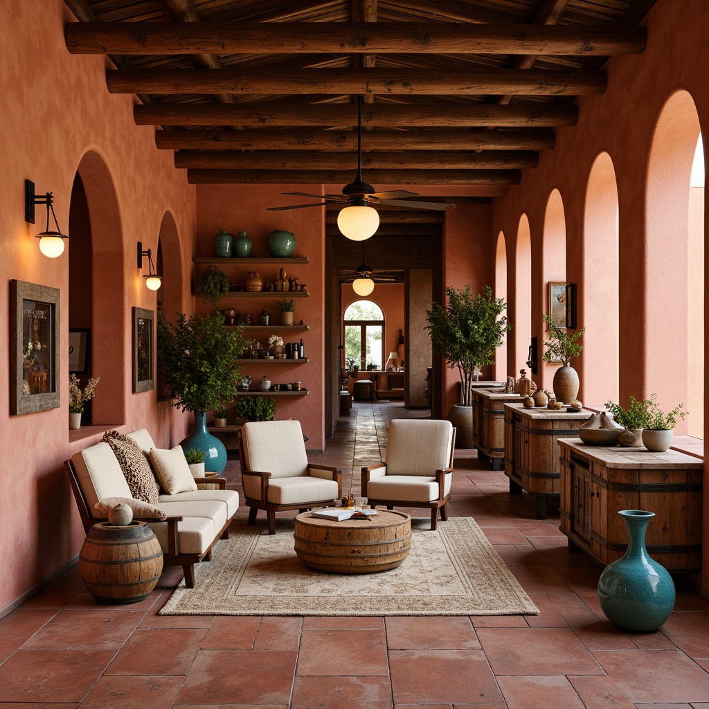 Prompt: Earthy winery interior, southwestern style decor, warm terracotta flooring, rustic wooden accents, vintage wine barrels, earthy color palette, sienna red walls, sandy beige furniture, turquoise pottery, natural stone countertops, woven textiles, reclaimed wood shelves, lantern-style lighting, soft warm glow, cozy atmosphere, 1/1 composition, realistic textures, ambient occlusion.