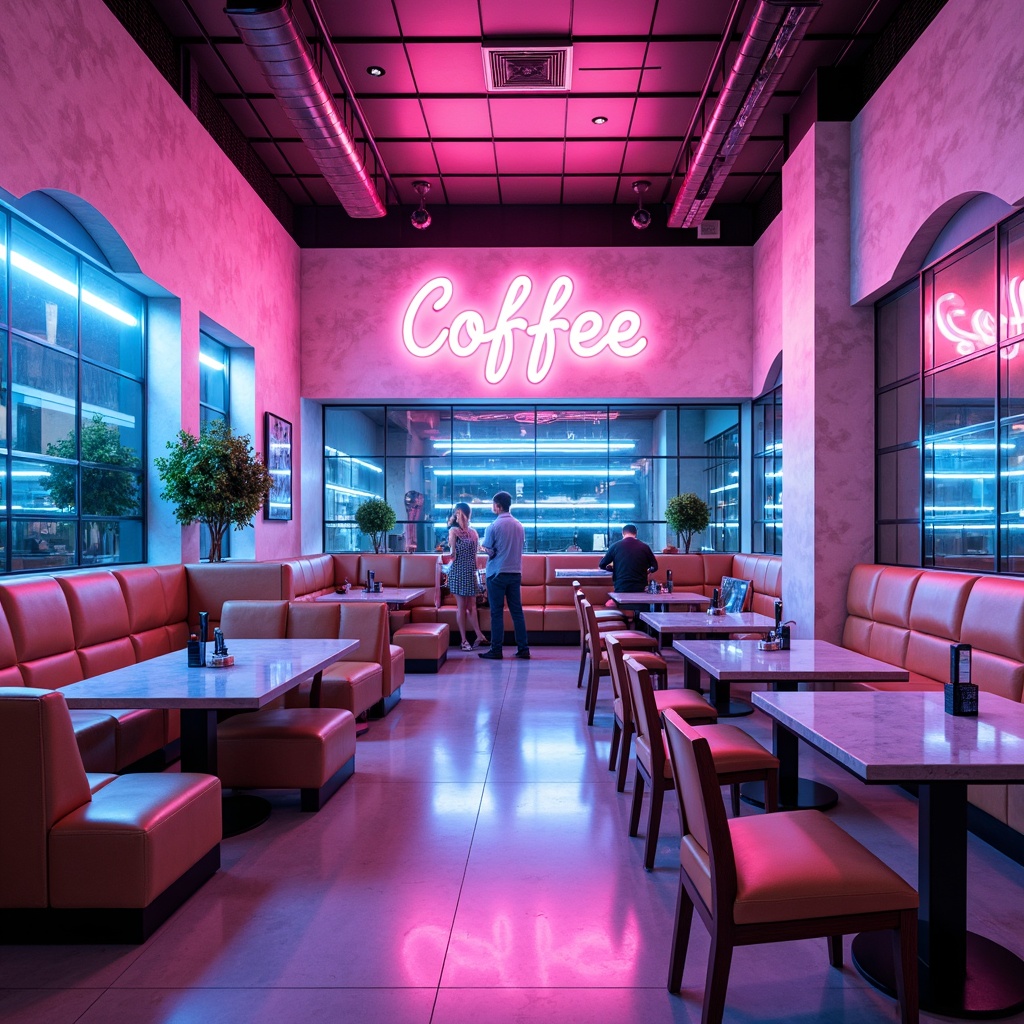 Prompt: Vibrant coffee shop interior, neon-lit signage, metallic accents, futuristic furniture, sleek glass tables, ergonomic chairs, holographic displays, LED lighting installations, iridescent color scheme, pastel pink hues, electric blue tones, chrome finishes, high-gloss floors, minimalist decor, ambient atmospheric soundscapes, soft focus photography, 1/2 composition, cinematic lighting, realistic reflections, subtle depth of field.