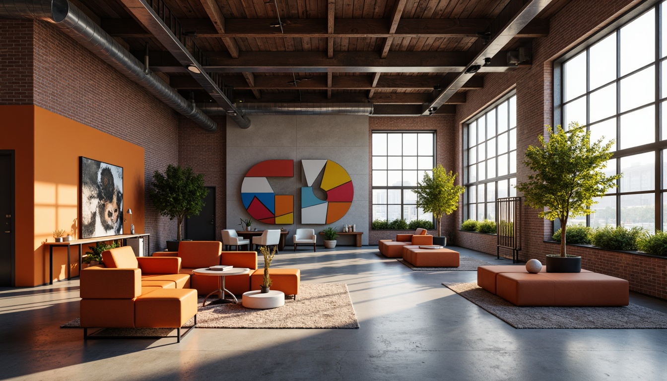 Prompt: Vibrant color accents, geometric shapes, modernist furniture, sleek metal frames, minimalist decor, bold typography, abstract artwork, industrial materials, exposed brick walls, polished concrete floors, oversized windows, natural light pouring in, warm ambient glow, shallow depth of field, 1/1 composition, symmetrical balance, monochromatic color scheme, contrasting textures.