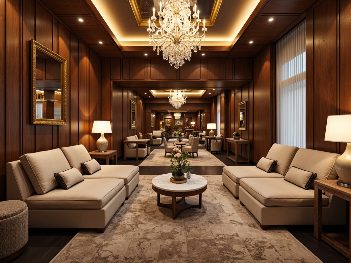 Prompt: Luxurious interior space, rich wood textures, velvet upholstery, metallic accents, crystal chandeliers, marble countertops, ornate mirrors, plush area rugs, comfortable sofas, ambient soft lighting, warm beige colors, subtle sheen effects, detailed normal maps, realistic material reflections, cinematic camera angles, shallow depth of field, 2/3 composition.