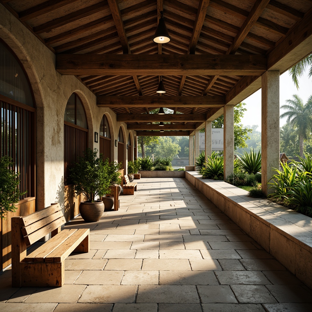 Prompt: Rustic bus station, vernacular architecture, wooden benches, distressed metal frames, vintage lanterns, earthy tones, natural stone flooring, lush greenery, tropical plants, warm sunny day, soft diffused lighting, shallow depth of field, 3/4 composition, panoramic view, realistic textures, ambient occlusion.