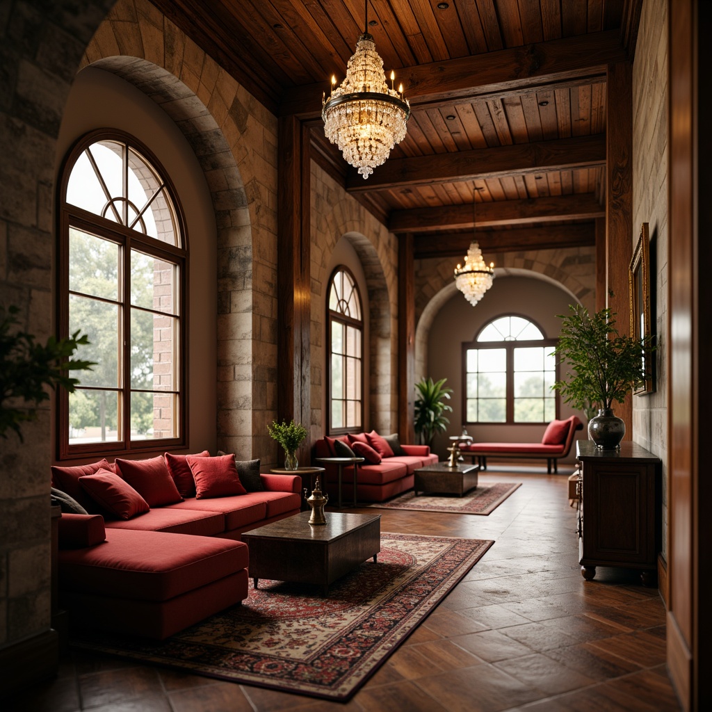 Prompt: Luxurious interior space, velvety soft furnishings, intricate wooden carvings, rustic stone walls, lavish crystal chandeliers, richly patterned rugs, metallic accents, ambient warm lighting, shallow depth of field, 1/2 composition, realistic textures, detailed normal maps, subtle specular highlights.