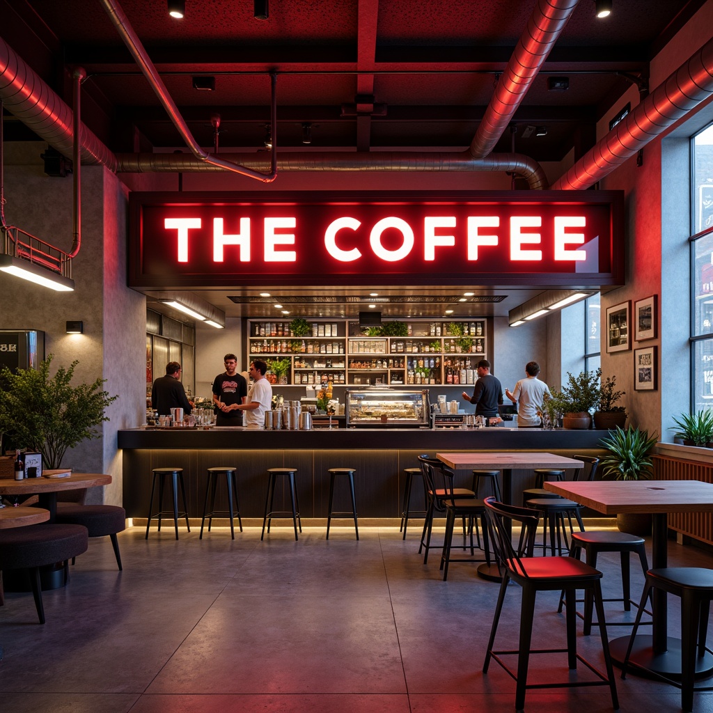 Prompt: Vibrant coffee shop, neon-lit signage, metallic accents, glossy surfaces, futuristic curves, sleek lines, minimal decor, LED lighting, rich wood tones, industrial pipes, urban concrete walls, modern stools, geometric patterns, bold typography, warm ambient glow, soft focus, shallow depth of field, 2/3 composition, cinematic atmosphere, realistic reflections.