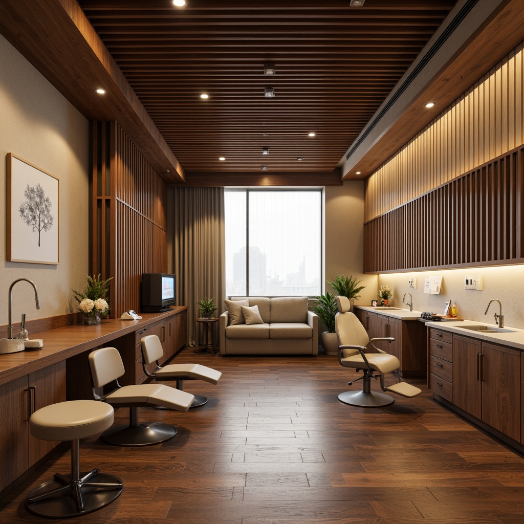 Prompt: Asian-style dental clinic, dark hardwood floors, polished wooden accents, natural stone tiles, minimalist design, subtle Japanese-inspired patterns, warm beige walls, modern dentist chairs, sleek metal equipment, soft diffused lighting, 1/1 composition, realistic textures, ambient occlusion.