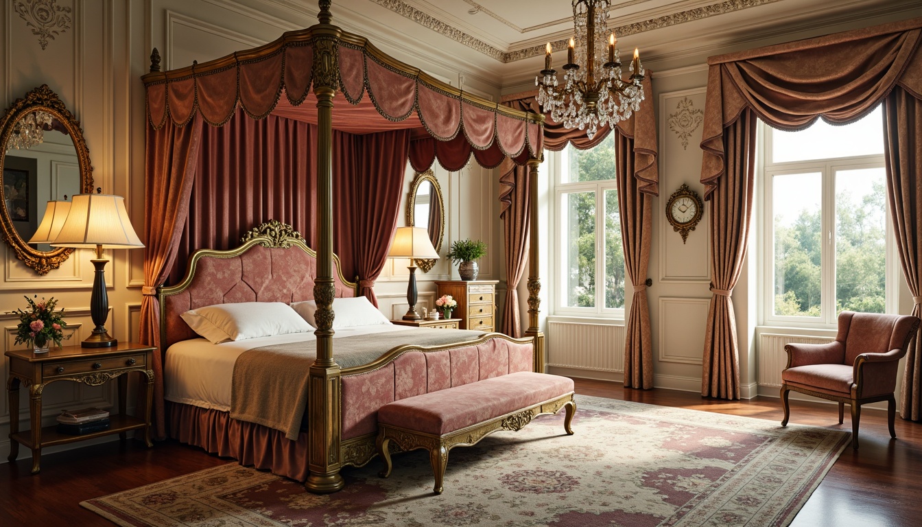 Prompt: Ornate bedroom, luxurious fabrics, velvet upholstery, carved wooden frames, gilded accents, intricate patterns, soft pastel hues, French provincial influences, curved lines, cabriole legs, ornamental mirrors, crystal chandeliers, rich brocades, delicate florals, whimsical details, romantic ambiance, warm golden lighting, shallow depth of field, 1/1 composition, realistic textures, ambient occlusion.