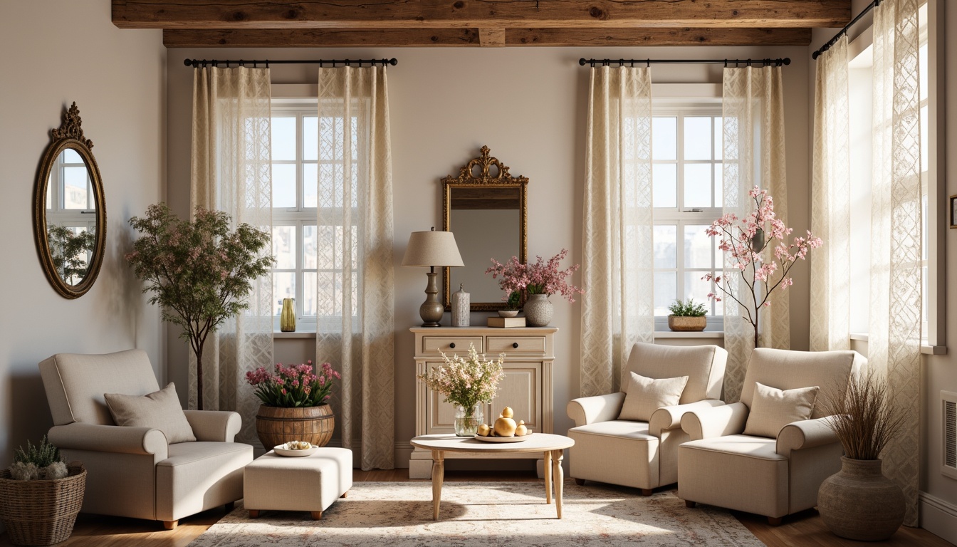 Prompt: Soft feminine interiors, distressed wood accents, vintage decorative items, lace curtains, floral patterns, pastel colors, gentle warm lighting, creamy whites, pale pinks, mauve tones, soft blues, dusty rose hues, ivory whites, beige fabrics, natural textures, worn leather armchairs, ornate mirrors, classic furniture pieces, romantic ambiance, dreamy atmosphere, soft focus, warm color temperature, 1/1 composition, intimate setting.