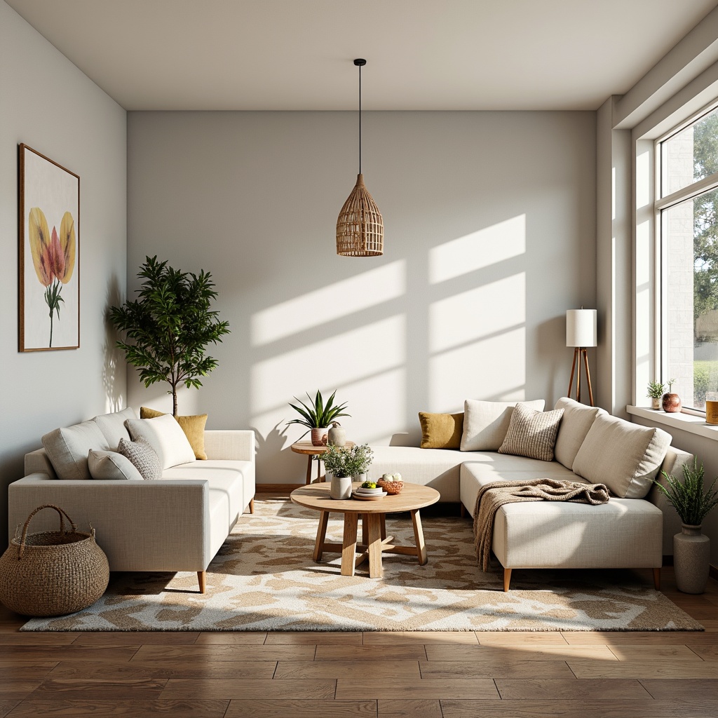 Prompt: Light-filled Scandinavian interior, minimalist decor, natural wood accents, light-gray walls, beige sofas, geometric-patterned rugs, industrial-chic coffee tables, wooden side tables, pendant lamps, greenery, cozy throw blankets, organic-shaped vases, abstract artwork, calm atmosphere, soft warm lighting, shallow depth of field, 1/1 composition, realistic textures, ambient occlusion.