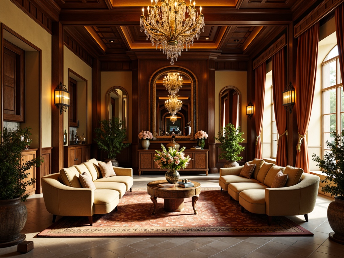 Prompt: Luxurious villa interior, opulent furnishings, curved geometric lines, metallic accents, glossy wood finishes, velvet upholstery, ornate mirrors, crystal chandeliers, lavish textiles, bold color schemes, statement pieces, sculptural shapes, elegant proportions, sophisticated ambiance, warm golden lighting, high-contrast shading, dramatic shadows, 1/2 composition, symmetrical framing, realistic reflections, ambient occlusion.