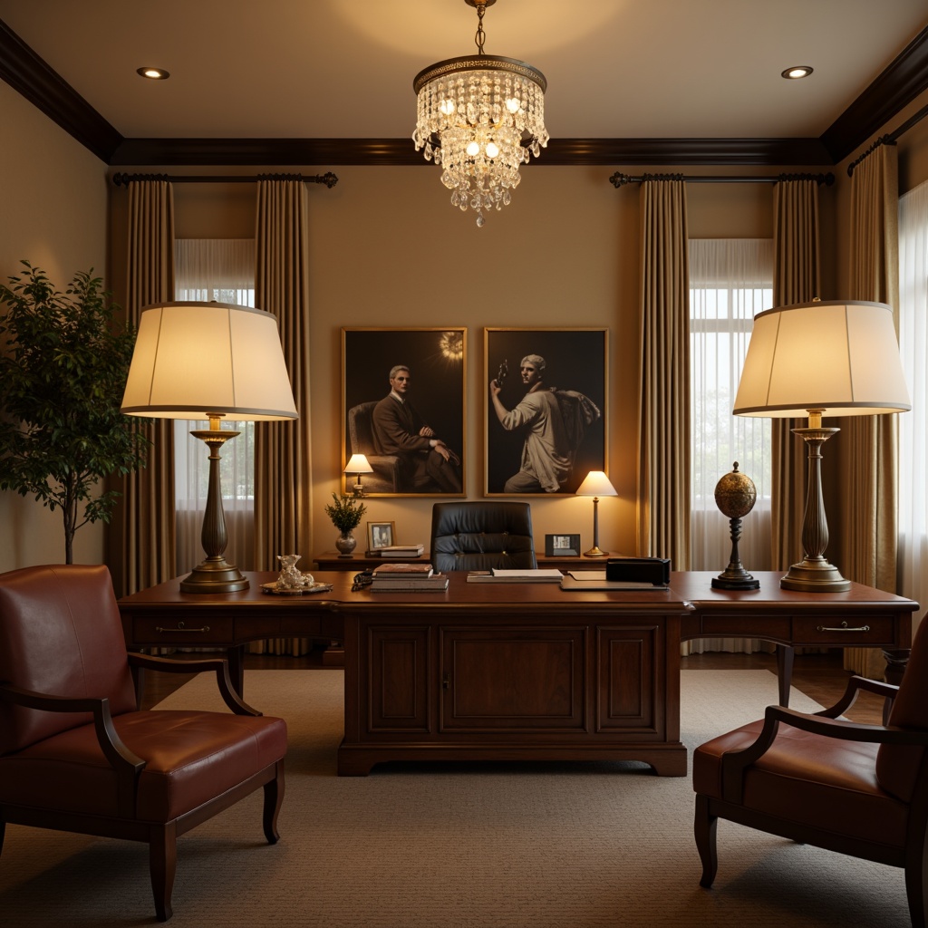 Prompt: Traditional home office, warm beige walls, dark wood furniture, classic desk lamps, bronze metal fixtures, soft cream shades, ornate metalwork, elegant crystal chandeliers, rich leather armchairs, vintage-inspired task lighting, subtle warm glow, cozy atmosphere, 1/1 composition, shallow depth of field, realistic textures.