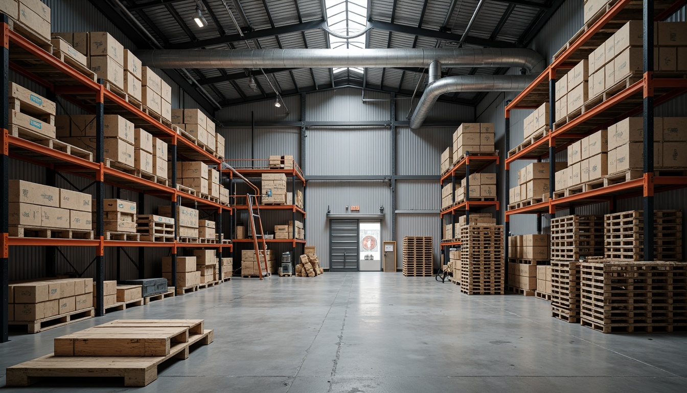 Prompt: Industrial warehouse interior, metal shelving units, stacked crates, storage bins, rustic wooden pallets, steel beams, concrete floors, exposed ductwork, fluorescent lighting, functional design, organized layout, high shelves, ladder access, label signage, inventory management systems, commercial storage solutions, efficient use of space, minimal decor, urban industrial aesthetic, gritty textures, soft natural light, shallow depth of field, 1/2 composition.