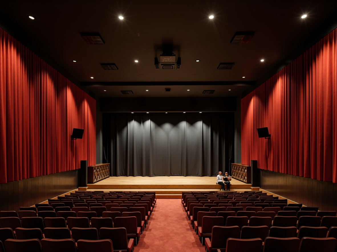 Prompt: Luxurious theater interior, velvet curtains, wooden stage, spotlights, comfortable seating, acoustic panels with geometric patterns, sound-absorbing materials, dark wood trim, professional audio equipment, high ceilings, minimalist decor, subtle lighting, warm atmosphere, cinematic experience, 1/1 composition, shallow depth of field, realistic textures, ambient occlusion.