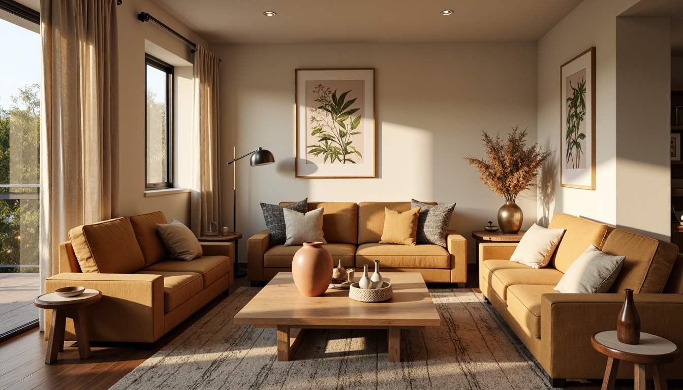 Prompt: Cozy living room, warm beige walls, rich walnut wood furniture, plush velvet sofas, soft golden lighting, natural linen textiles, calming botanical prints, earthy terracotta vases, organic shape coffee tables, subtle cream accents, harmonious color balance, 1/1 composition, shallow depth of field, realistic textures, ambient occlusion.