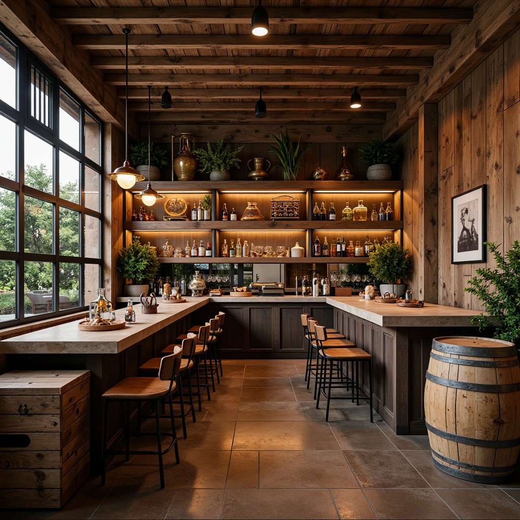 Prompt: Rustic home bar, reclaimed wooden planks, distressed metal frames, vintage industrial lighting, earthy tone color scheme, natural stone countertops, wooden crates, wine barrels, aged leather stools, hanging glassware, copper accents, ambient warm lighting, shallow depth of field, 1/1 composition, realistic textures, subtle camera movements.