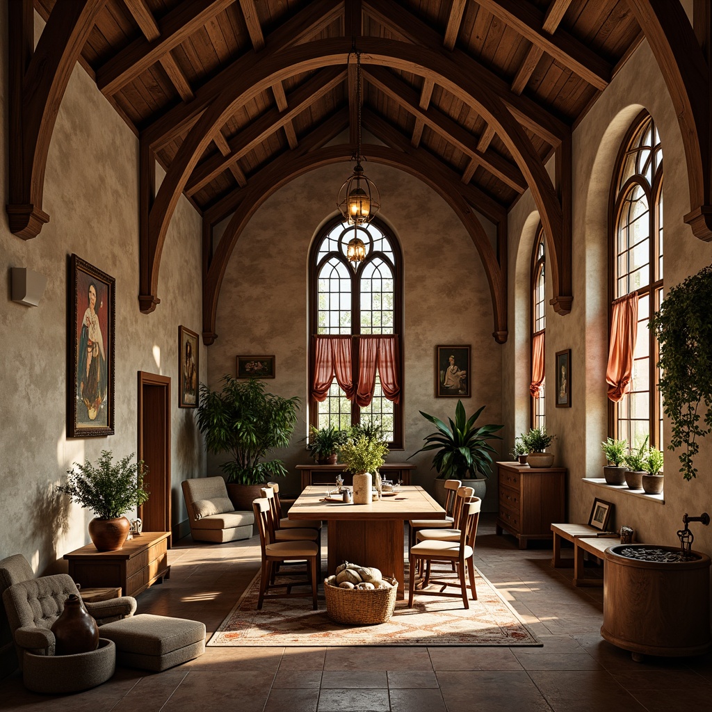 Prompt: Monastery interior, postmodernist architecture, rustic stone walls, vaulted ceilings, wooden beam accents, distressed wood floors, ornate metalwork, stained glass windows, rich velvet drapes, candlelit ambiance, warm golden lighting, cozy nooks, eclectic artwork, vintage furniture pieces, natural textiles, earthy color palette, spiritual symbols, serene atmosphere, soft shadows, 1/2 composition, intimate framing, realistic reflections.