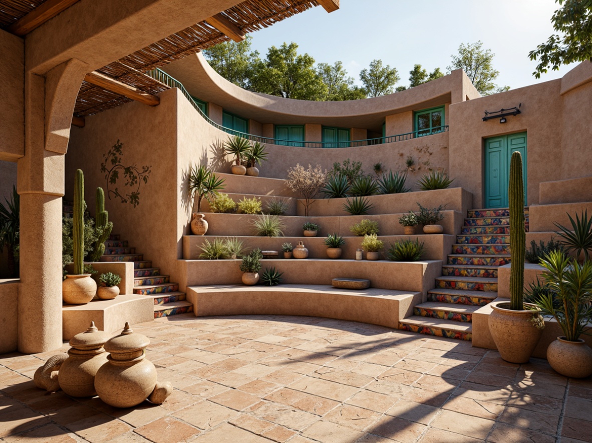 Prompt: Southwestern amphitheater, rustic stone seating, curved rows, vibrant turquoise accents, ornate metal railings, adobe-inspired architecture, earthy tones, sandy walkways, cactus plants, Spanish-style tiles, intricate mosaic patterns, colorful ceramic vases, woven textiles, natural fiber canopies, warm golden lighting, dramatic shadows, 1/1 composition, atmospheric perspective, realistic textures.