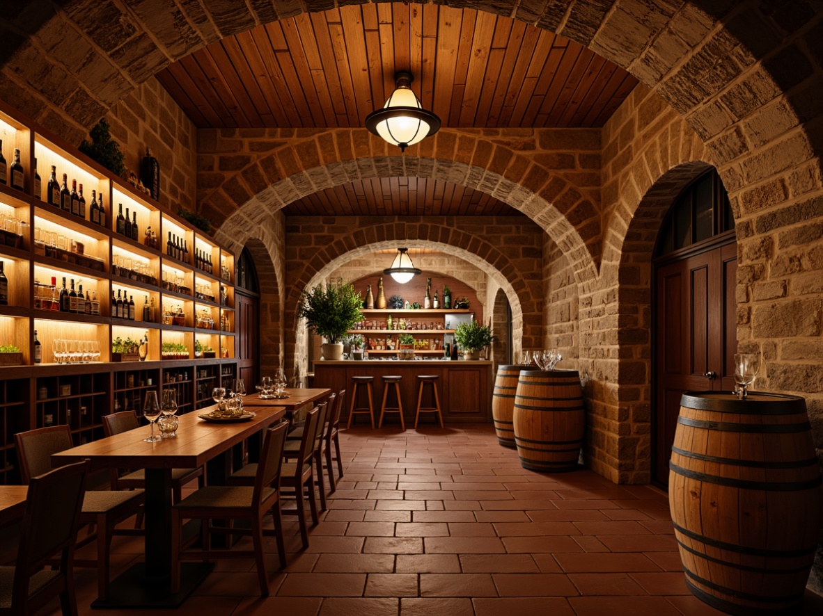 Prompt: Earthy wine cellar, rustic stone walls, reclaimed wood shelves, dimly lit ambiance, warm golden lighting, rich burgundy tones, natural brick arches, wooden barrel heads, vintage wine bottles, elegant glassware, sophisticated label designs, aged oak barrels, earthy terracotta flooring, cozy seating areas, soft instrumental background music, 1/2 composition, shallow depth of field, realistic reflections.